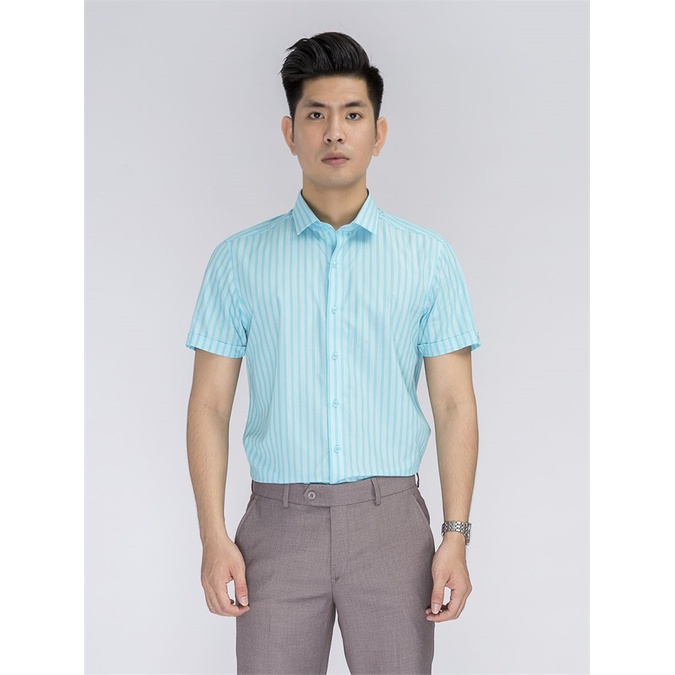 Áo sơ mi nam ngắn tay ARISTINO ASS044S8 màu xanh ngọc sọc dọc, chất modal sợi sồi, dáng slimfit, tà lượn