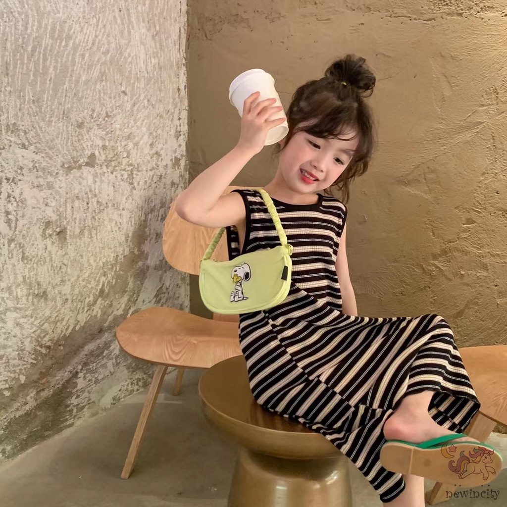 Đầm Sát Nách In Họa Tiết Kẻ Sọc Thời Trang Mùa Hè Hàn Quốc Cho Bé Gái