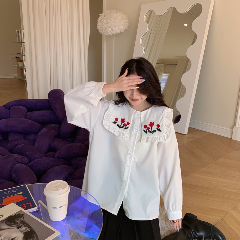 Áo sơ mi SUXI trắng tay dài dáng rộng thêu họa tiết phong cách Hàn Quốc thời trang mùa xuân cho nữ