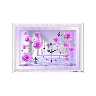Tranh thêu chữ thập Đồng hồ hoa hồng màu tím 67x43