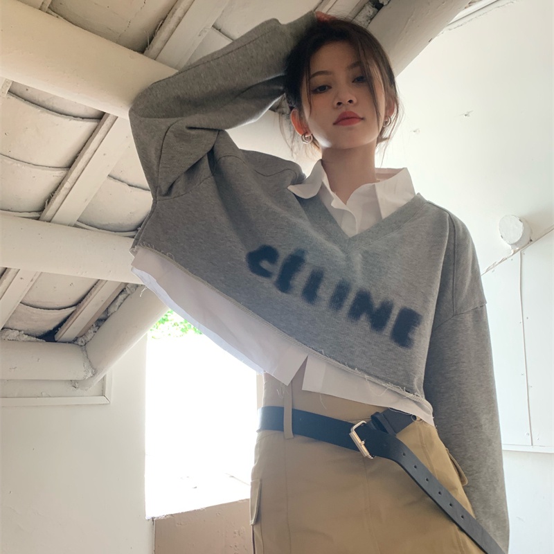 Autumn New Stitching Design High Waist Short Loose Sweatershirt Women