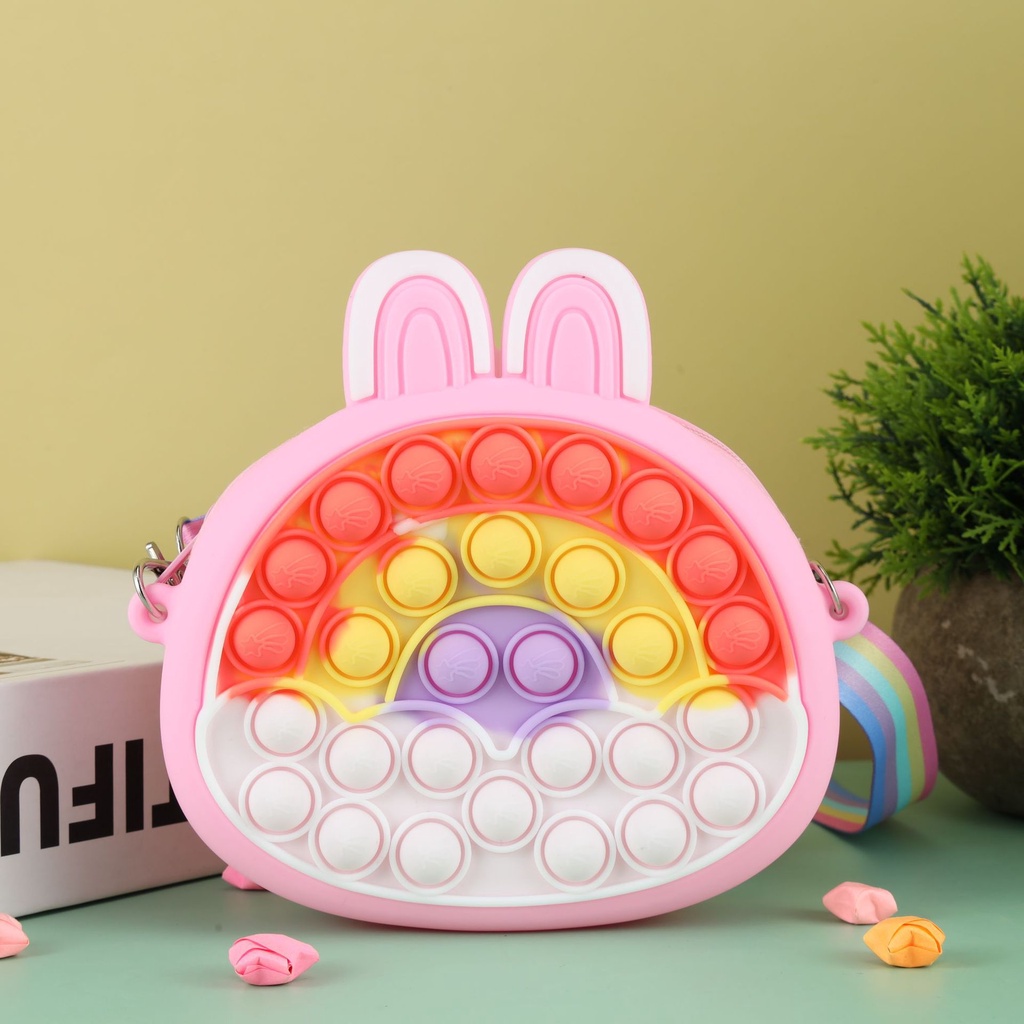 Pop It Túi Đeo Chéo Vai Hình Thỏ Màu Cầu Vồng Đồ Chơi Giảm Căng Thẳng Cho Bé Gái