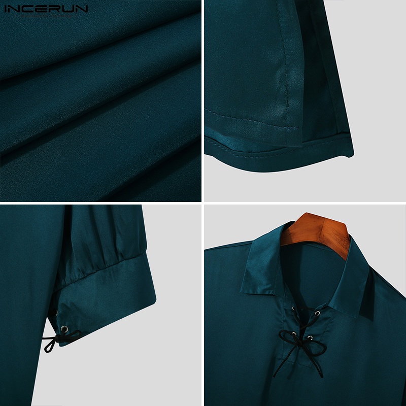 Áo INCERUN vải lụa tay ngắn dáng rộng phối dây cột cỡ S-5XL sành điệu cho nam
