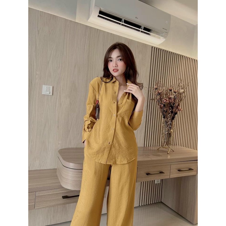 Sét Bộ 2 Món Quần Ống Rộng Kết Hợp Áo Sơ mi Dài Tay Chất Tuyết Nhung Nhẹ Mát Phù Hợp Mọi Nơi [NEW UNISEX]