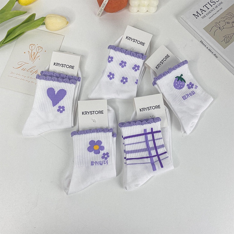 Set 5 đôi tất trắng nữ cao cổ Hoa Tím viền nhún ST16