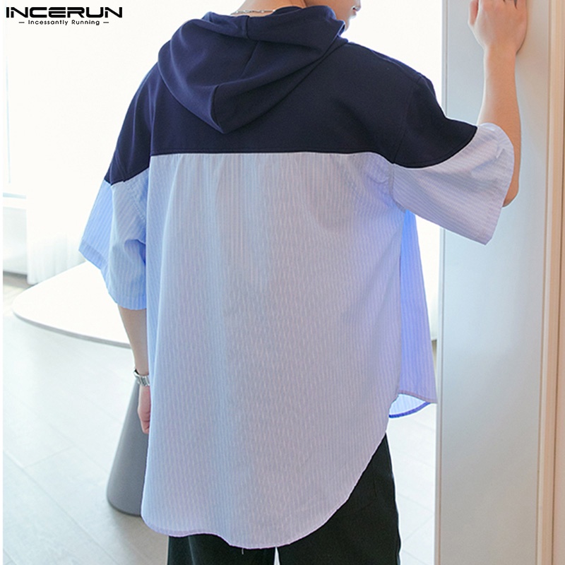 Áo hoodie INCERUN ngắn tay dáng rộng phối màu cá tính thời trang cho nam