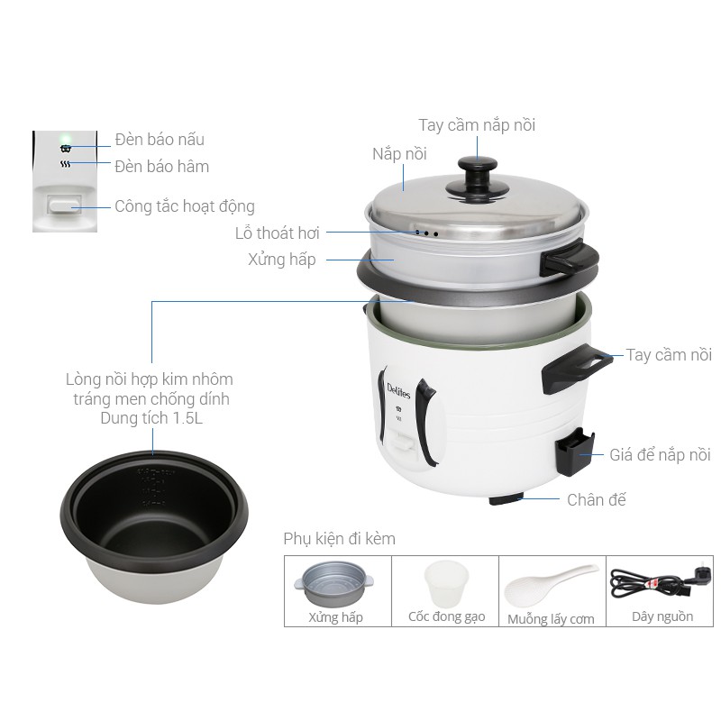 Nồi cơm điện Delites NCR1502 trắng 1.5 lít có xửng hấp inox