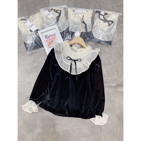 [Siêu Hot] Áo Nhung Cổ Bèo Trắng Tay Dài, Áo Kiểu Nữ Siêu Xinh Có Ảnh Thật Kemd Video | BigBuy360 - bigbuy360.vn