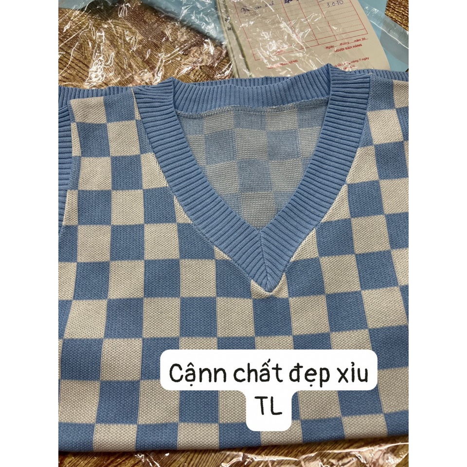 Áo gile len caro form dài rộng Hàn Quốc - Bigsize mặc được