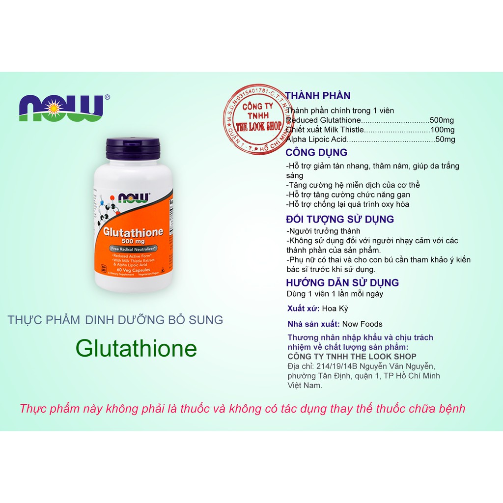 USA- Viên uống sáng da Glutathione NOW 60 viên