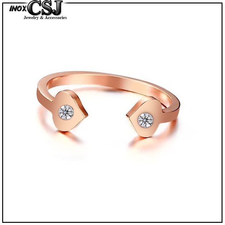 nhẫn titan cao cấp free size màu vàng tươi hình 2 trái tim đính xoàn siêu cute - tặng hộp đựng xinh xắn
