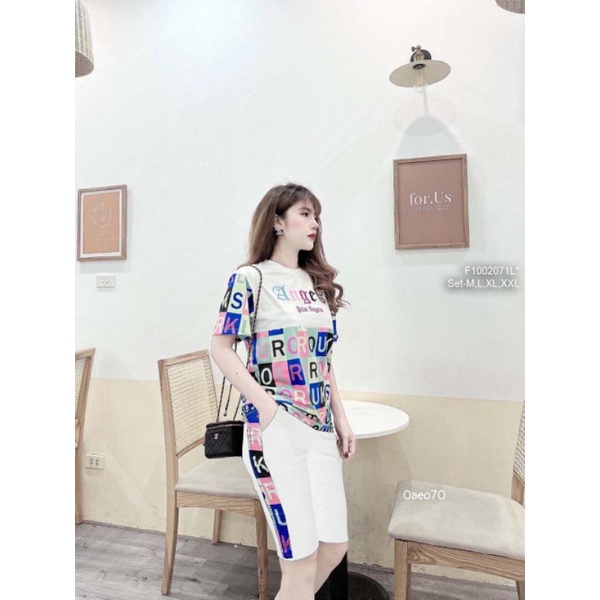 Set bộ thun lỡ viền áo phối họa tiết chữ tay ngắn 1002