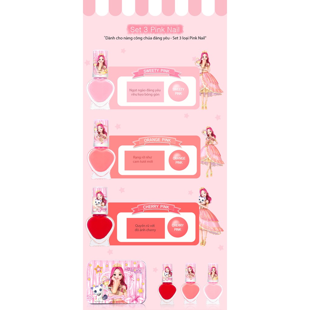 Set 3 sơn móng tay an toàn cho bé Little Bling Secret Jouju Tincase Nail+ 1 hình dán Tatoo Sticker- MADE IN KOREA