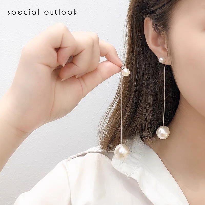 bông tai hạt châu nhân tạo dài đeo được 2 phong cách