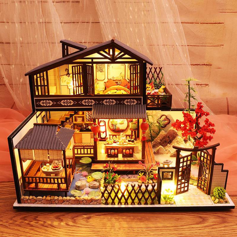 Mô hình nhà DIY Doll House Japanese Forest Valley Kèm Mica Chống bụi, Bộ dụng cụ, Keo dán và Bộ phát nhạc