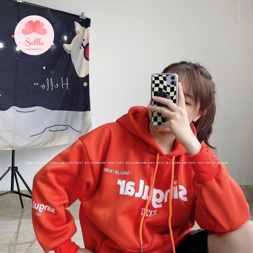 Áo hoodie trơn form rộng unisex nỉ bông dày ấm in chữ SINGULAR nhiều màu basic Hàn Quốc Sollle