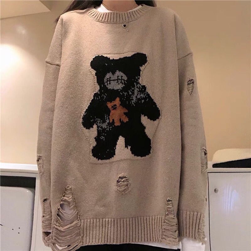 [HÀNG OD]Áo len Sweater Cổ Tròn Dáng Rộng Phối Rách In Hình Gấu Kiểu Hàn Quốc Cá Tính kèm ảnh thât