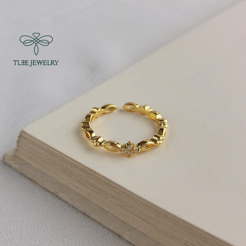 Nhẫn bạc nữ TLEE hoa mai đính đá viền trơn cá tính TleeJewelry A0212