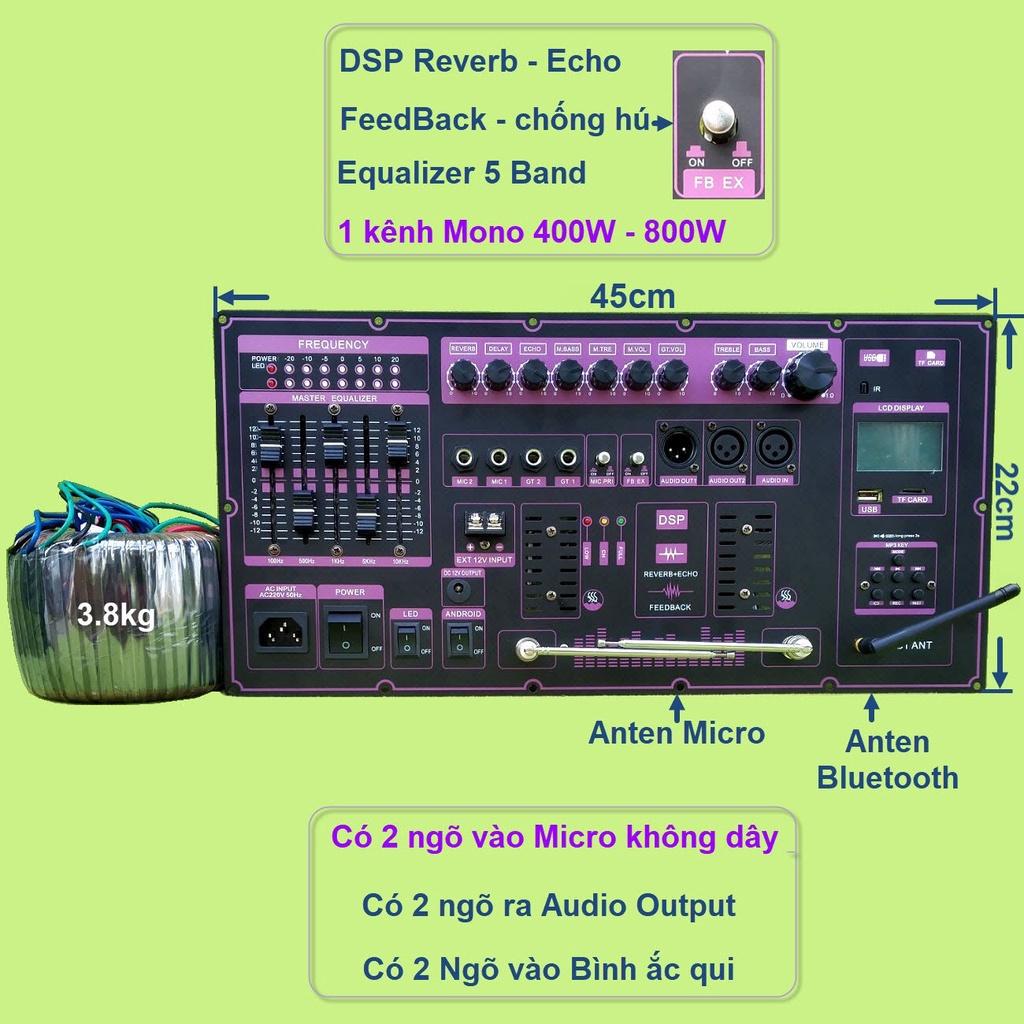 Mạch loa kéo Reverb 400W - 800W chống hú Equalizer 5 band cho loa kéo 4 tấc, 5 tấc, 6 tấc, 4 - 5 - 6 tấc đôi