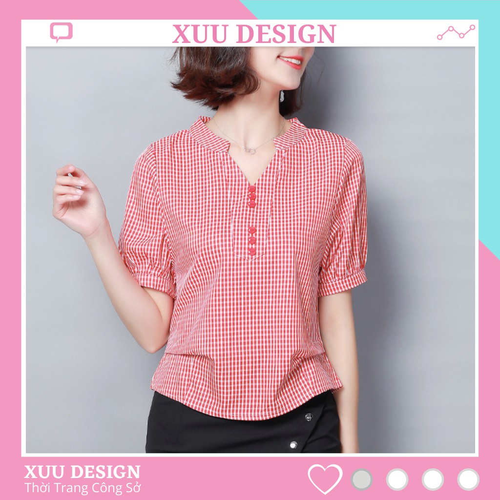 Áo sơ mi nữ kẻ Xuu-Design, Áo kiểu nữ cổ V phối cúc chất vải đẹp TK20.31