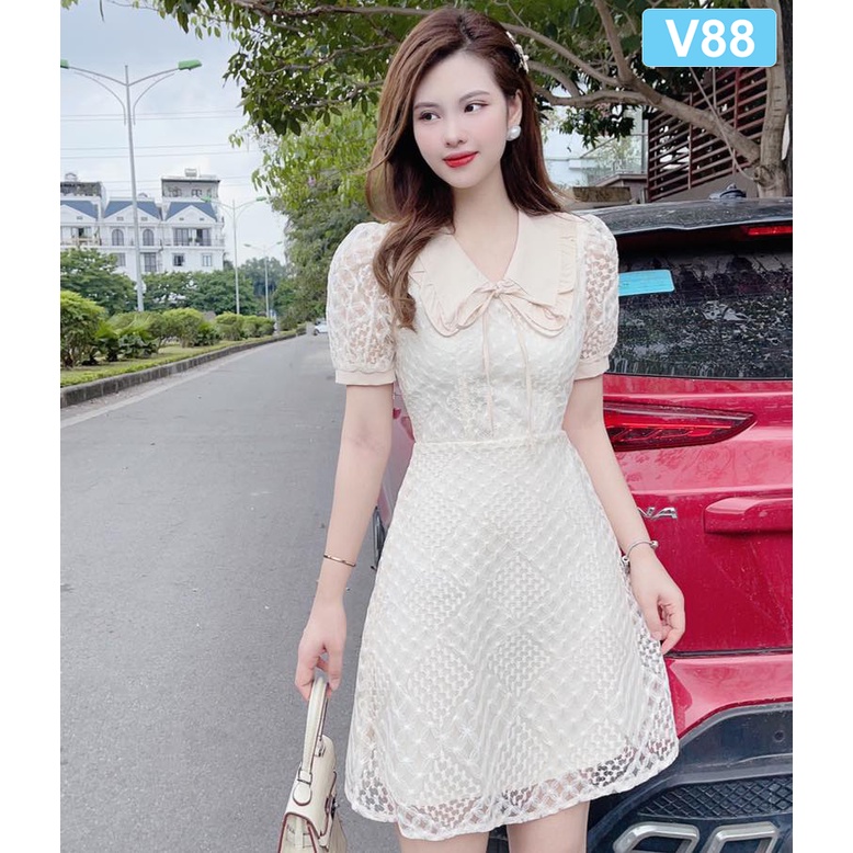 Đầm dáng A basic cổ bẻ nơ nhí chất vải ren mềm mại lên dáng gọn xinh