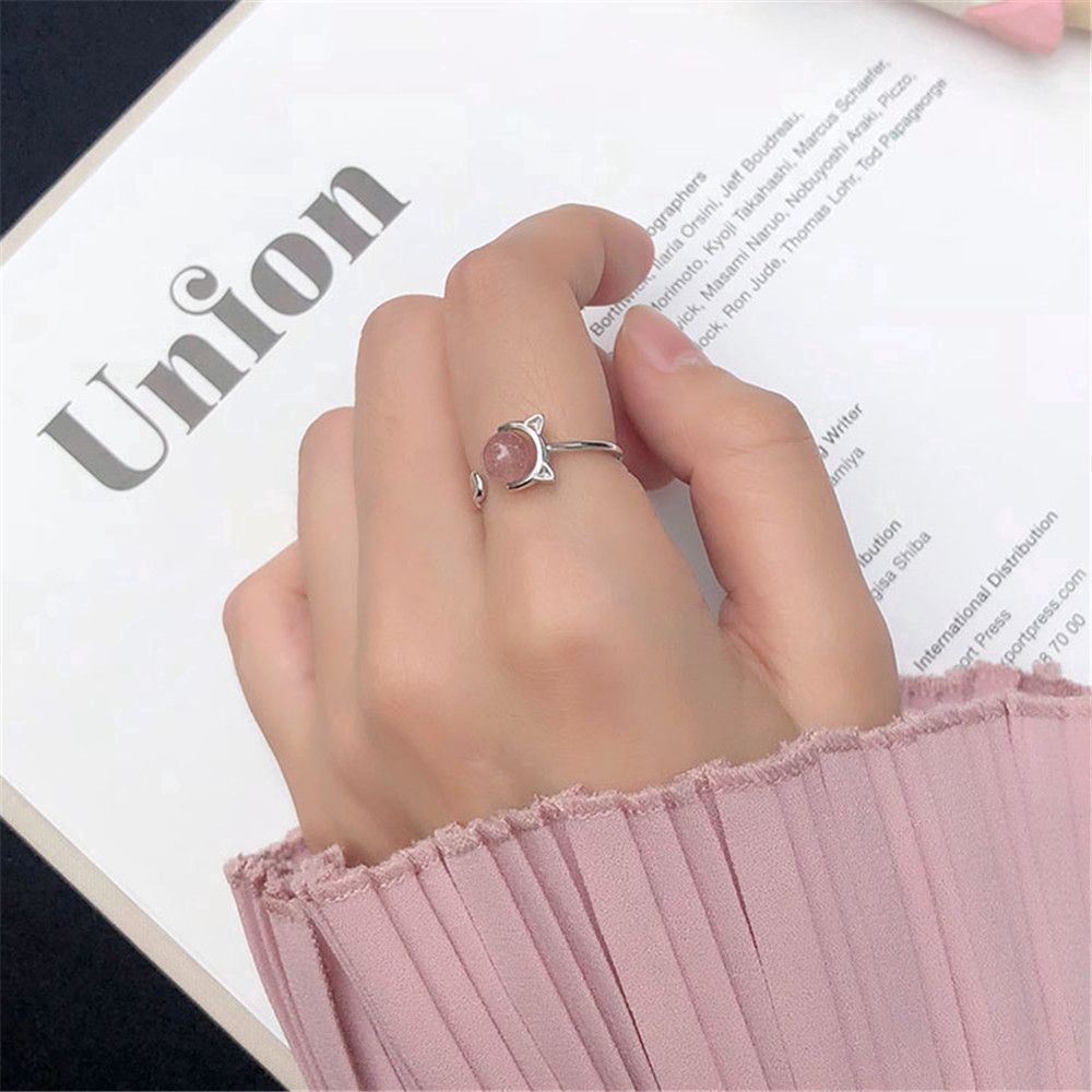 Nhẫn thời trang đính đá mắt mèo màu hồng tự nhiên phong cách Hàn Quốc cho nữ