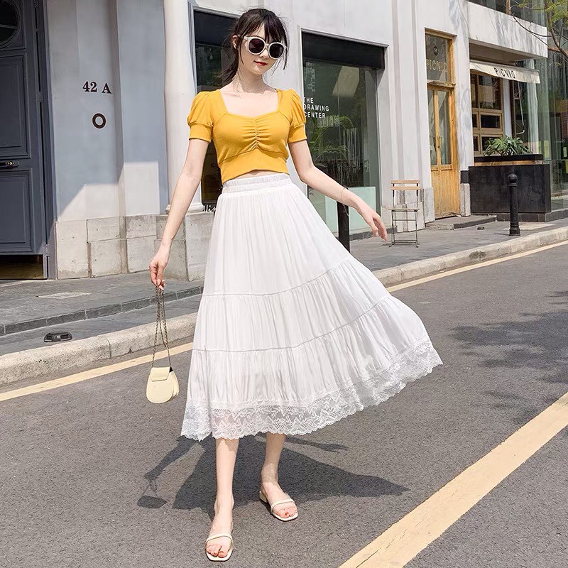 Chân Váy Nữ Viền Ren 🦋 Váy Nữ Vintage Phối Viền Dáng Dài Cạp Chun 2 Màu 🦋