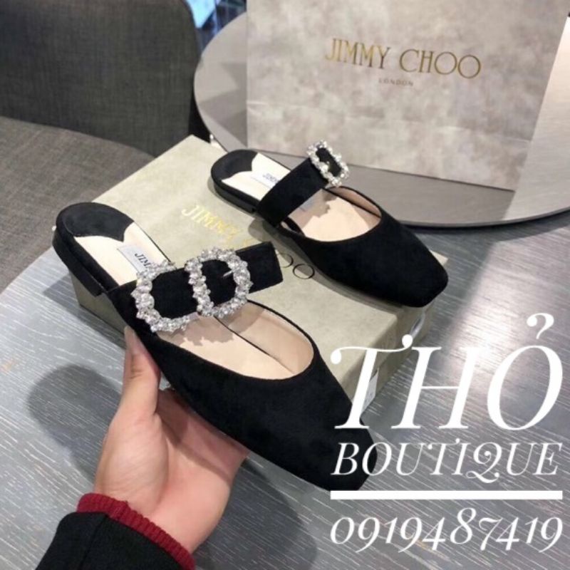 Giày bệt Jim.my Ch.oo xuất Âu xịn hở gót da lộn đen quai ngang khoá đính đá bạc lấp lánh size 35 đến 39