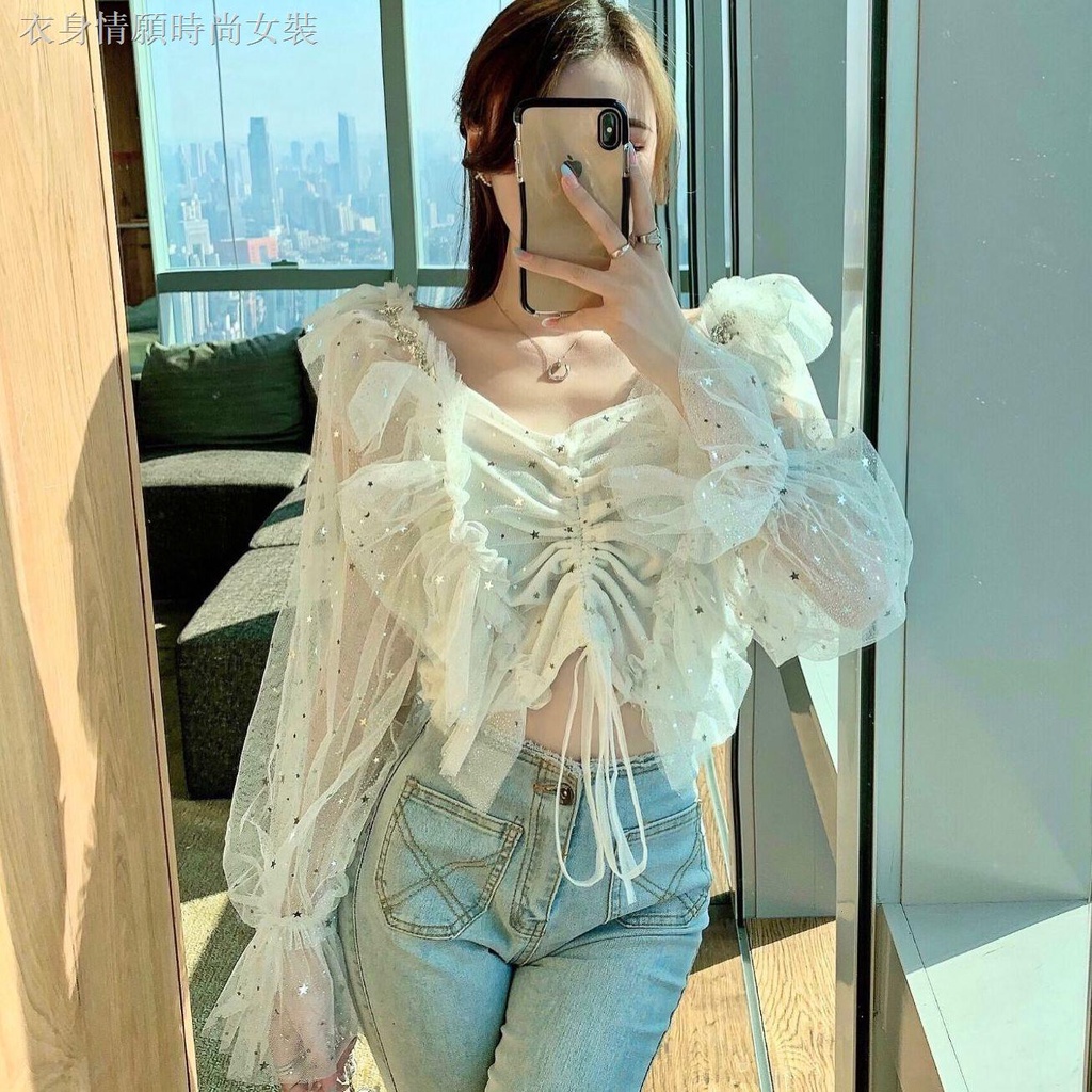 ❁☏♟Áo kiểu vải voan cổ chữ V phối dây rút xếp ly đính đá lấp lánh kiểu Hàn Quốc
