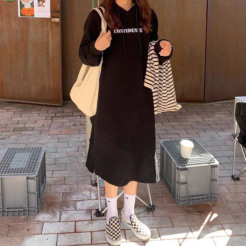 váy nỉ mũ dáng suông màu đen-xám siêu xinh kiểu hoodie nha | BigBuy360 - bigbuy360.vn