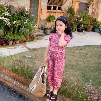 Set Áo Tay Phồng + Quần Dài In Hoa Cho Bé Gái 1-6 Tuổi