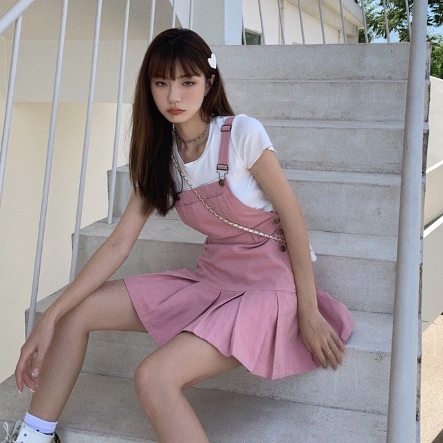 Đầm hai dây XIAOZHAINV dáng chữ A xếp ly màu hồng thời trang phong cách Hàn Quốc cho nữ