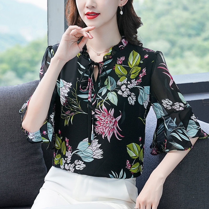 Áo sơ mi chiffon tay dài dáng rộng in họa tiết thời trang cho phụ nữ trung niên