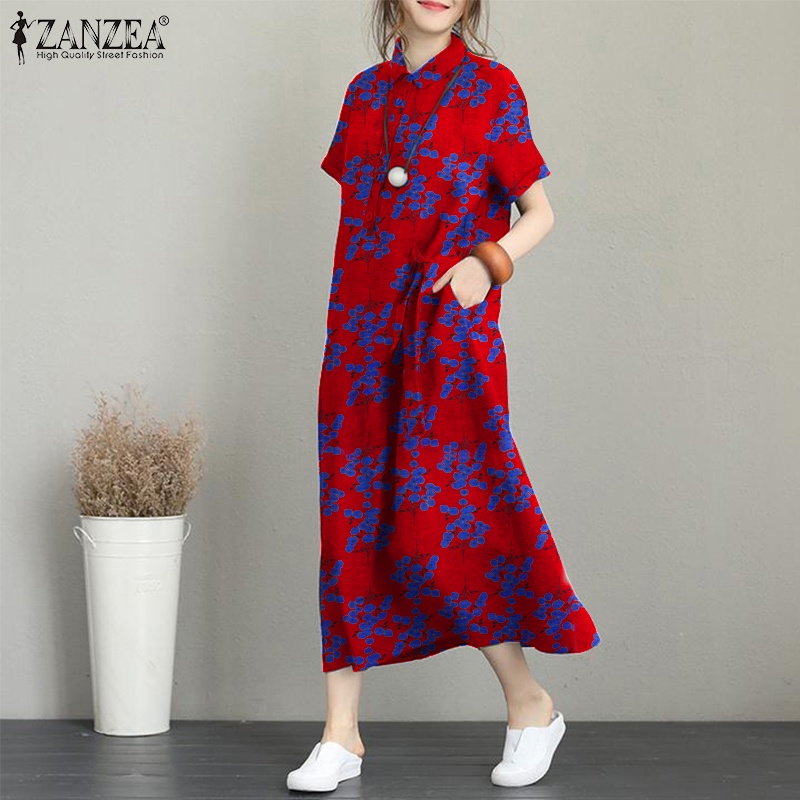 Đầm maxi Zanzea tay ngắn có túi thiết kế cổ điển sành điệu cho nữ