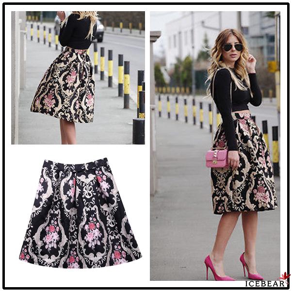 A2R-Vintage Women Floral Stretch High Waist Pleated Swing Long Dress Party A-Line Skirt