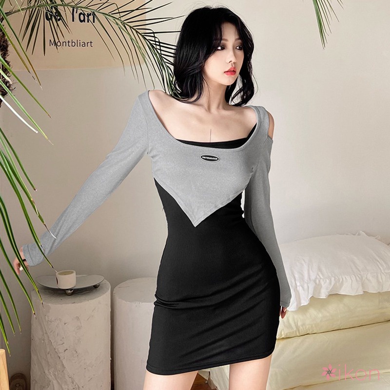 Đầm Tay Dài Màu Sắc Tương Phản Phong Cách Quyến Rũ Cho Nữ