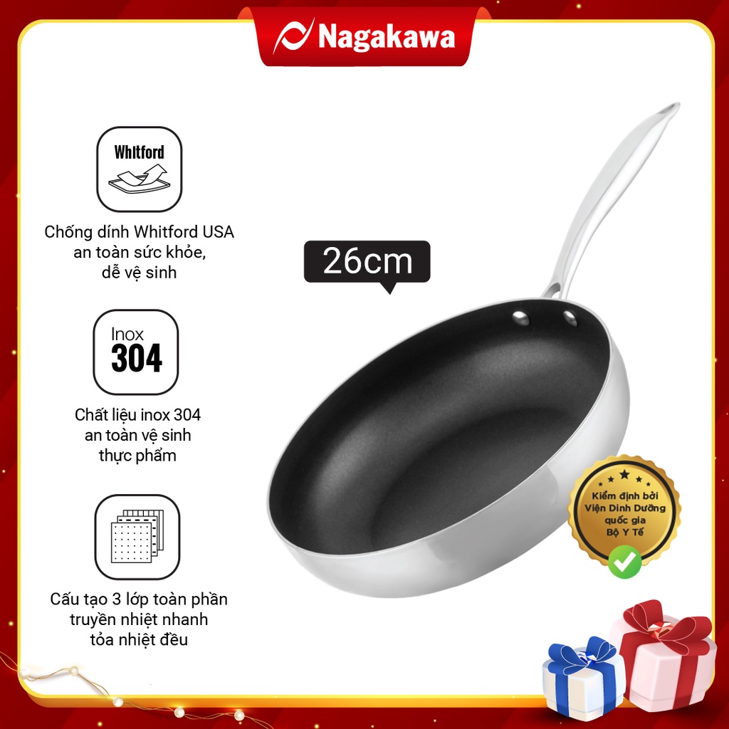 Chảo inox chống dính Nagakawa Natsu NAG2603/kim cương NAG2851