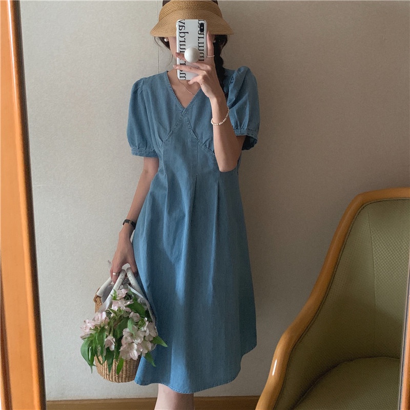 Đầm Denim Dáng Ôm Cổ Chữ V Thắt Eo Thời Trang Dành Cho Nữ 51273