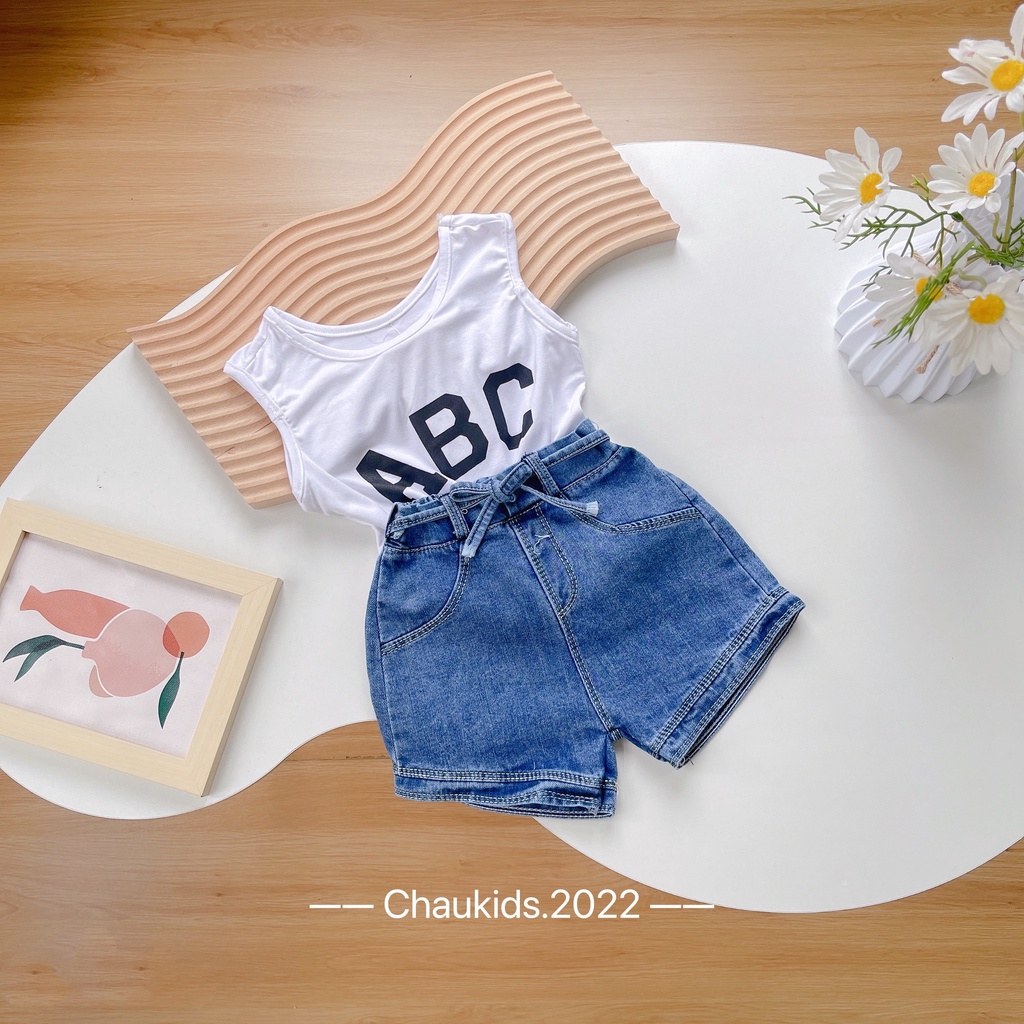 Bộ cộc tay bé gái, set bộ áo ba lỗ ABC kèm quần short Jean siêu cá tính cho bé