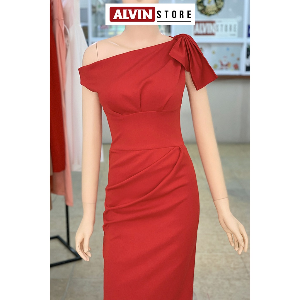 Đầm Ôm Body Lệch Vai Kèm Nơ Thiết Kế Xếp Ly Bụng Phong Cách Sang Trọng Alvin Store 0898
