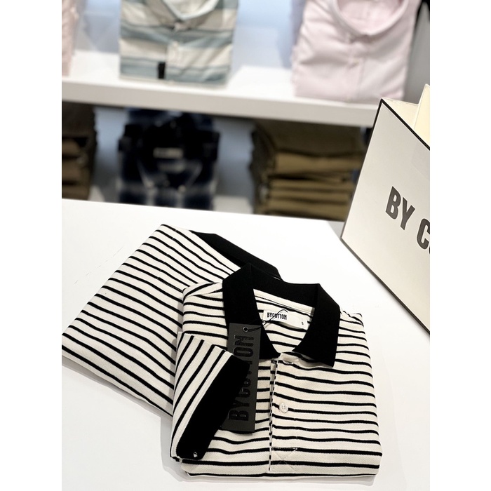 Áo Thun Polo Nam Cổ Bẻ Sọc Trắng Đen BY COTTON B &amp; W Mini Stripes Polo