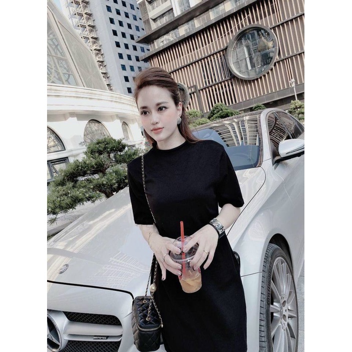 Đầm suông sọc ngang đen trắng, màu đen tay lở cổ tròn y hình chất thun gân đũa mềm co giãn tốt MIDORI247