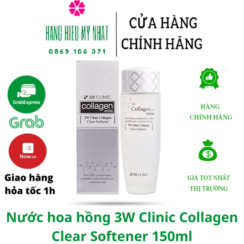 Nước hoa hồng dưỡng trắng da 3W Clinic Hàn Quốc chiết xuất từ Collagen giúp se khít lỗ chân lông mềm mịn da 150ml