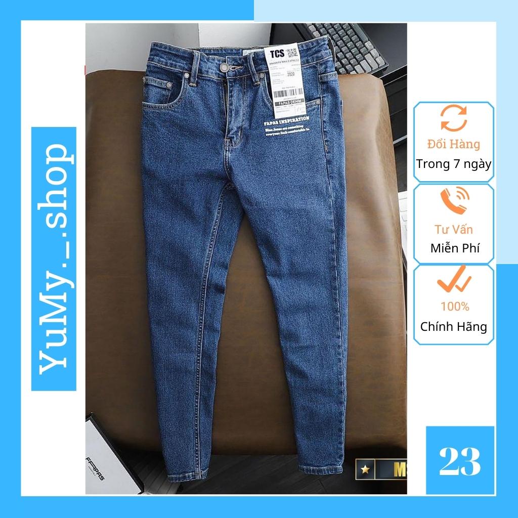 Quần jean nam màu xanh đậm in chữ không rách gối chất bò cao cấp co dãn 4 chiều đẹp from dáng rin skinny YuMy JM23