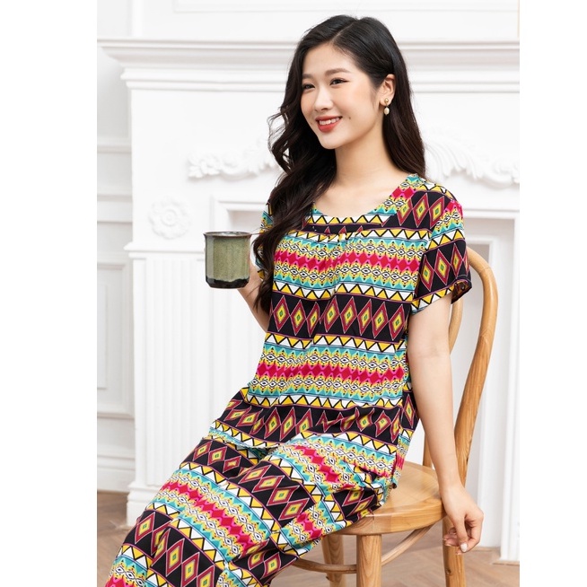 Bộ đồ mặc nhà trung niên lanh Vicci áo cộc,quần ống sớ BGS.06 nhiều họa tiết