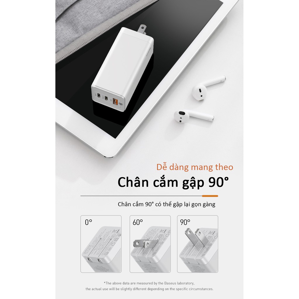 Củ sạc Baseus Sạc Nhanh 65W Quick Charge 4.0 3.0 USB C PD Sạc 3 Cổng USB Di Động sạc ForMacbook Pro ForiPhone