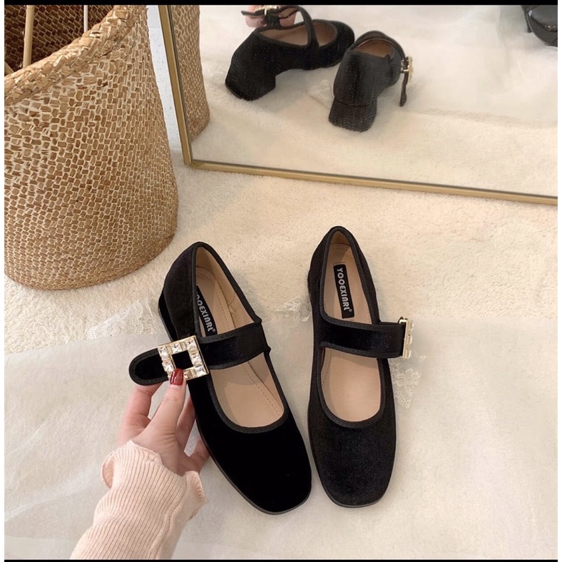 Giày marry jane quai ngang da bóng đính đá kiểu dáng hàn quốc