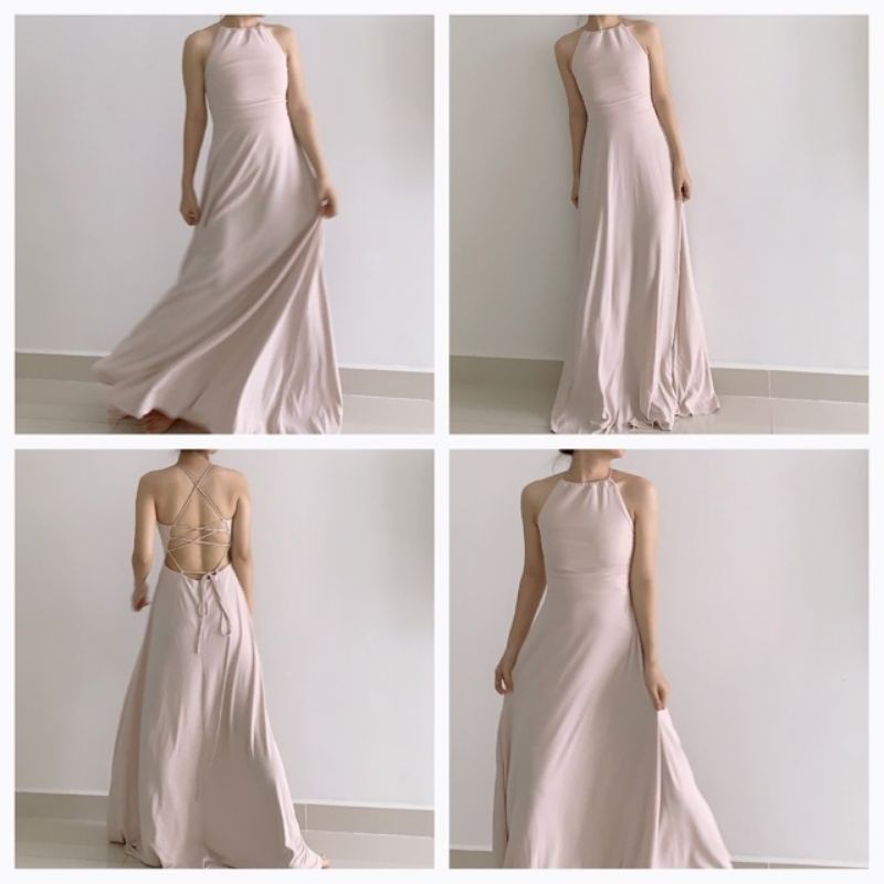 Đầm tiệc maxi party hở lưng dây đan chéo nude VNXK TQXK dư xịn f21