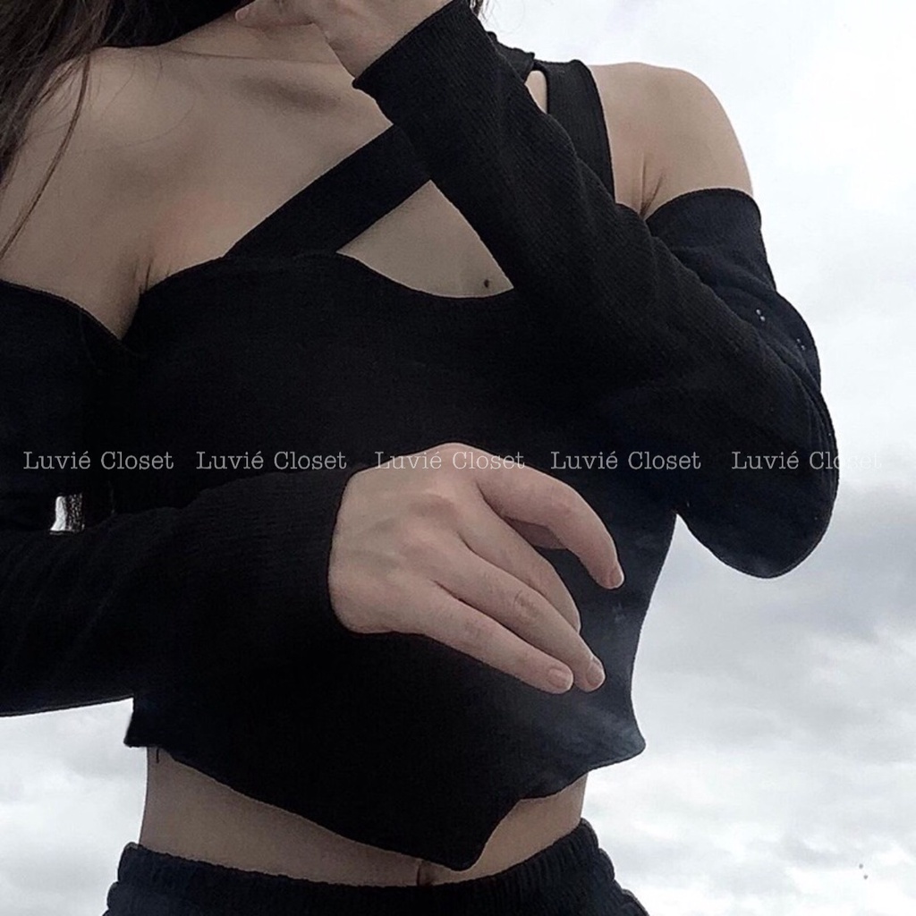 Áo Croptop Ôm Trễ Vai Dây Chéo Cổ Tà Vạt Nhọn Tay Dài Cá Tính, Áo Kiểu Hở Vai Bẹt Vai Rớt Vai Nữ