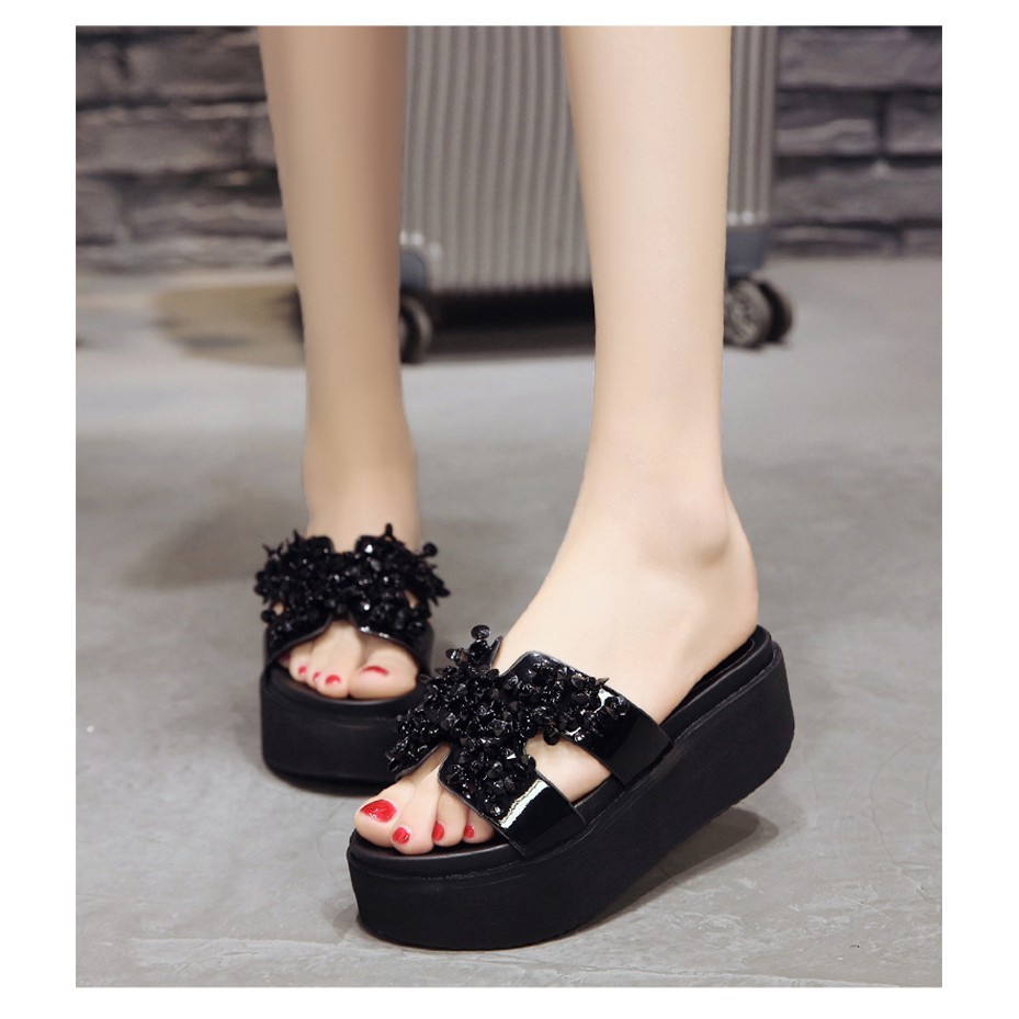 Dép Đế Xuồng Nữ Cao Gót Quai Ngang Chữ H Đính Đá Cườm Cao 6Cm